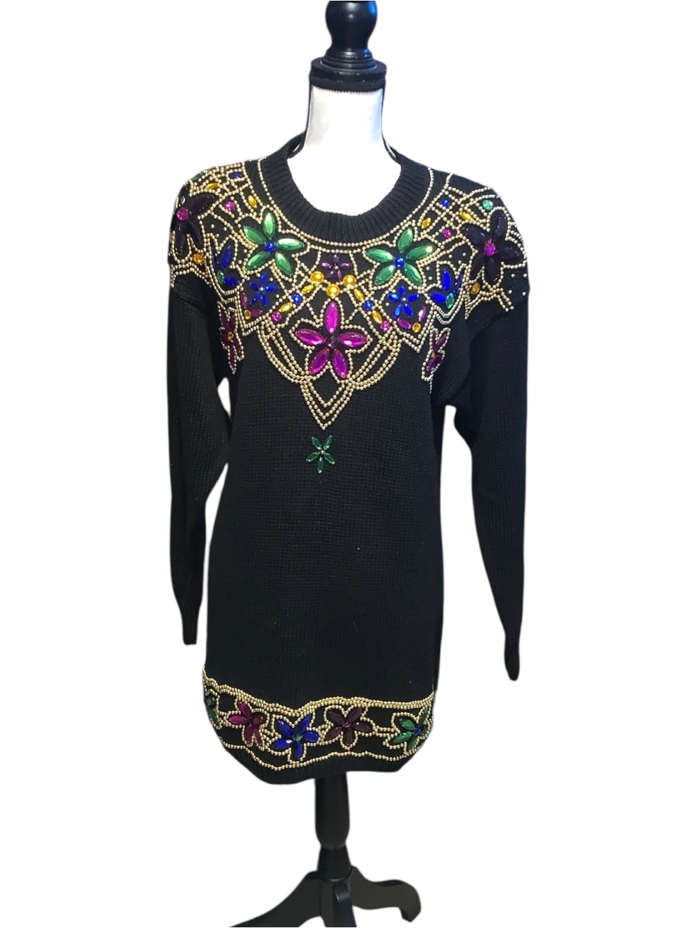 Vtg Lisa Ashley Originals Embellished Beaded Sweater Dress Black Long Sleeve